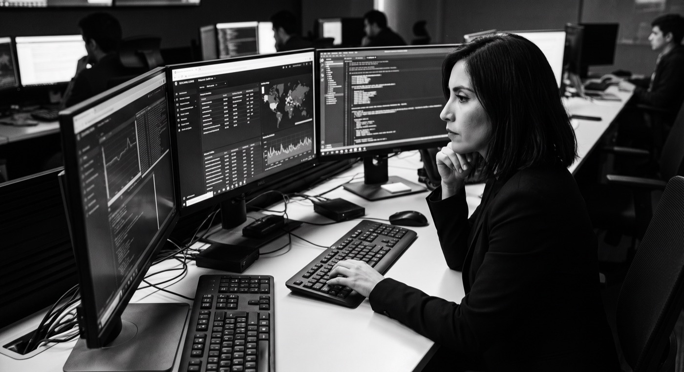 Analista de seguridad revisando alertas en un centro de monitoreo