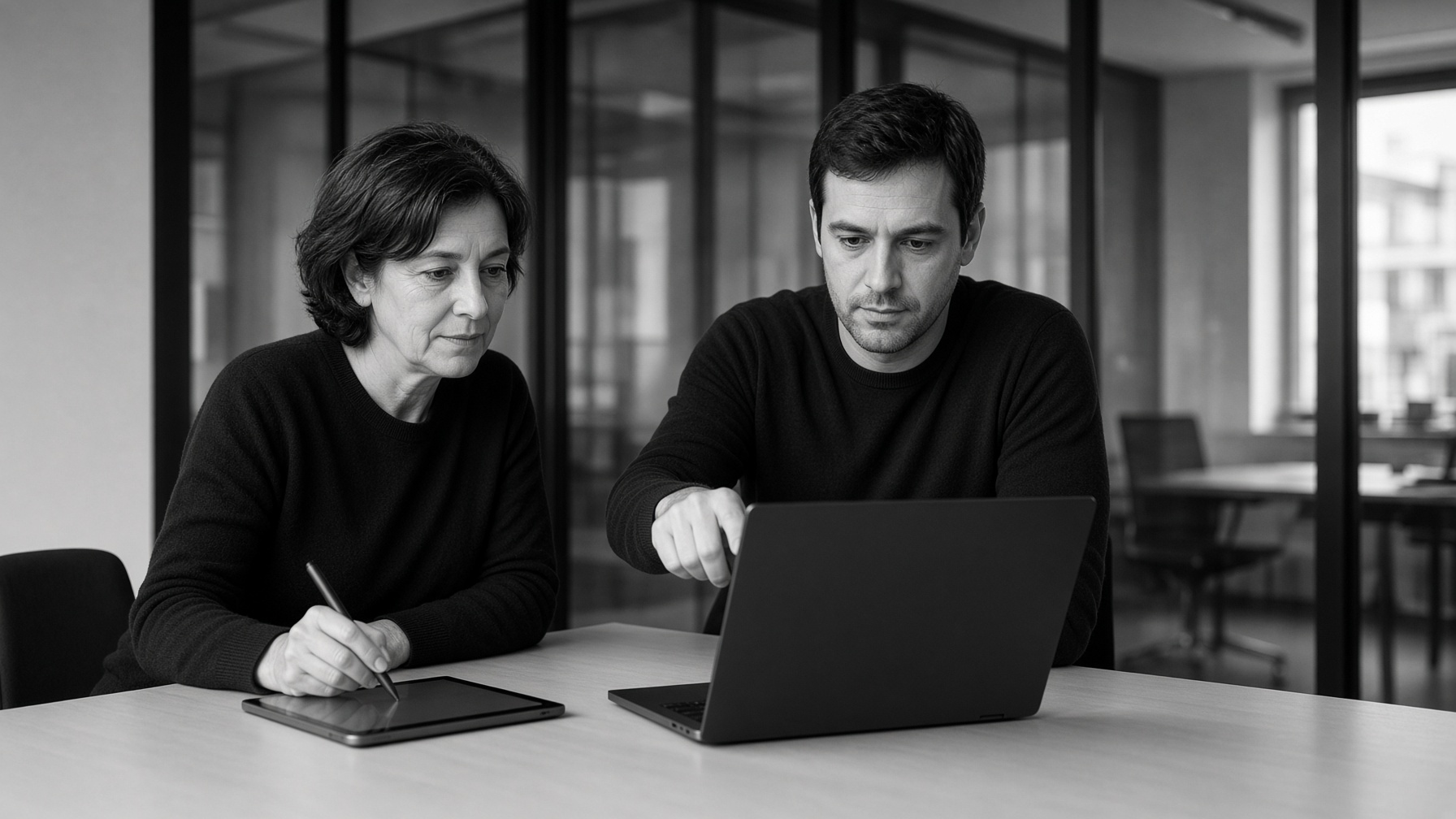 Dos personas revisando en un notebook y una tablet los sistemas de la empresa