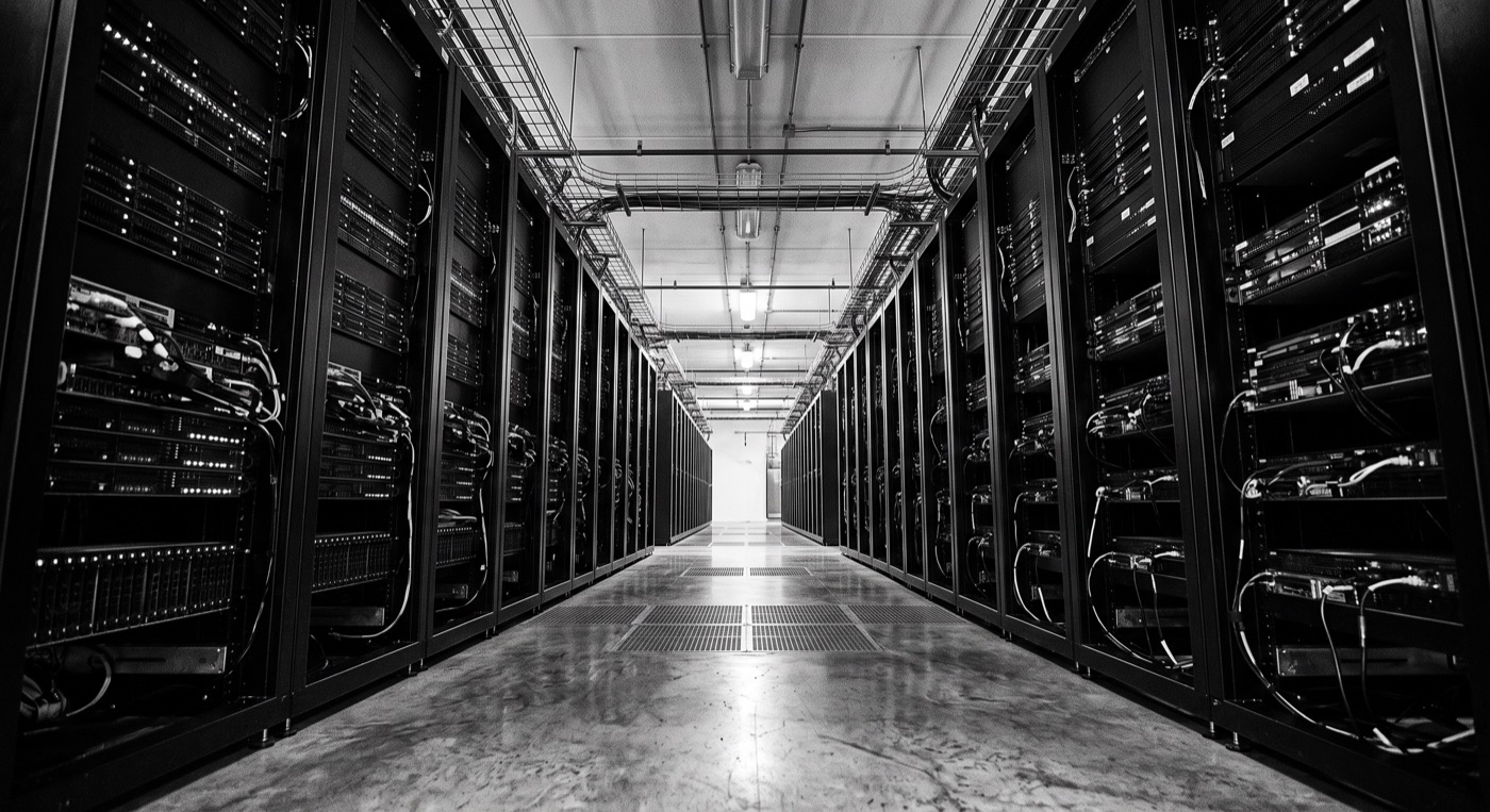 Pasillo de un centro de datos con filas de racks