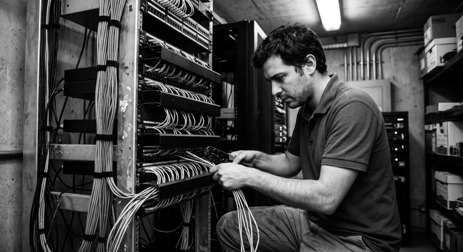 Técnico organizando el cableado de red en un rack