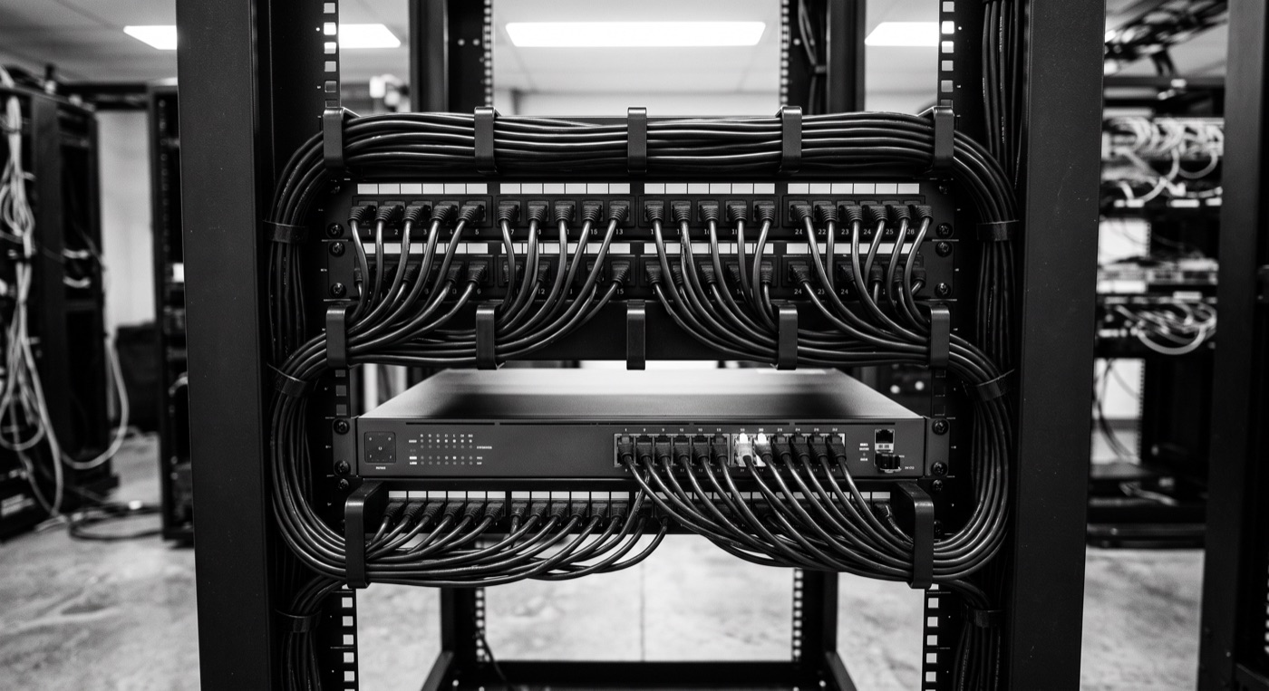 Patch panel y switch con cableado ordenado