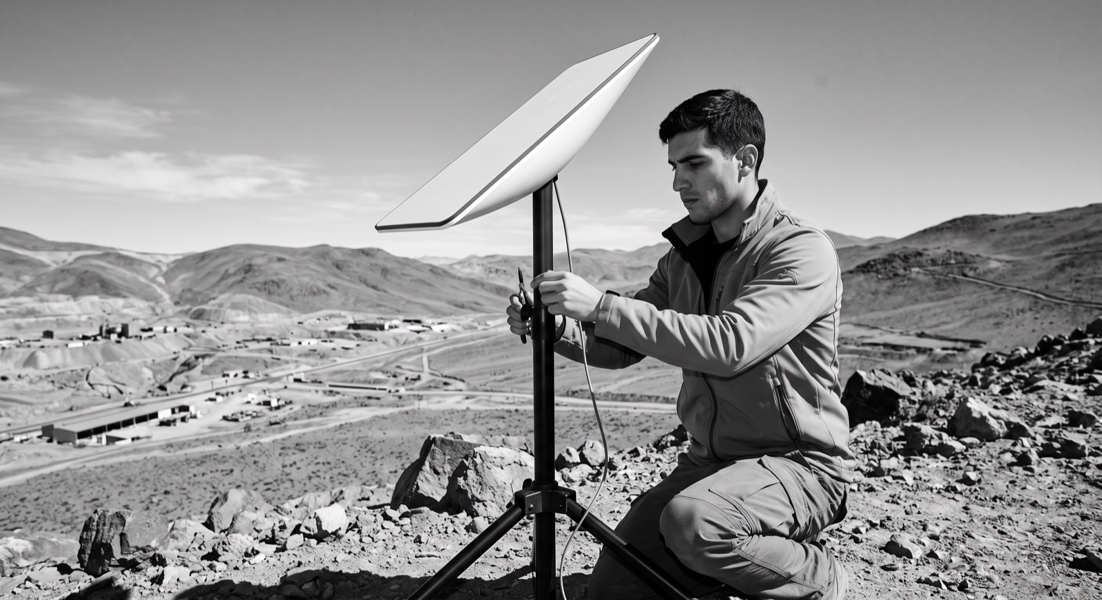 Técnico instalando una antena Starlink en una faena minera en Chile