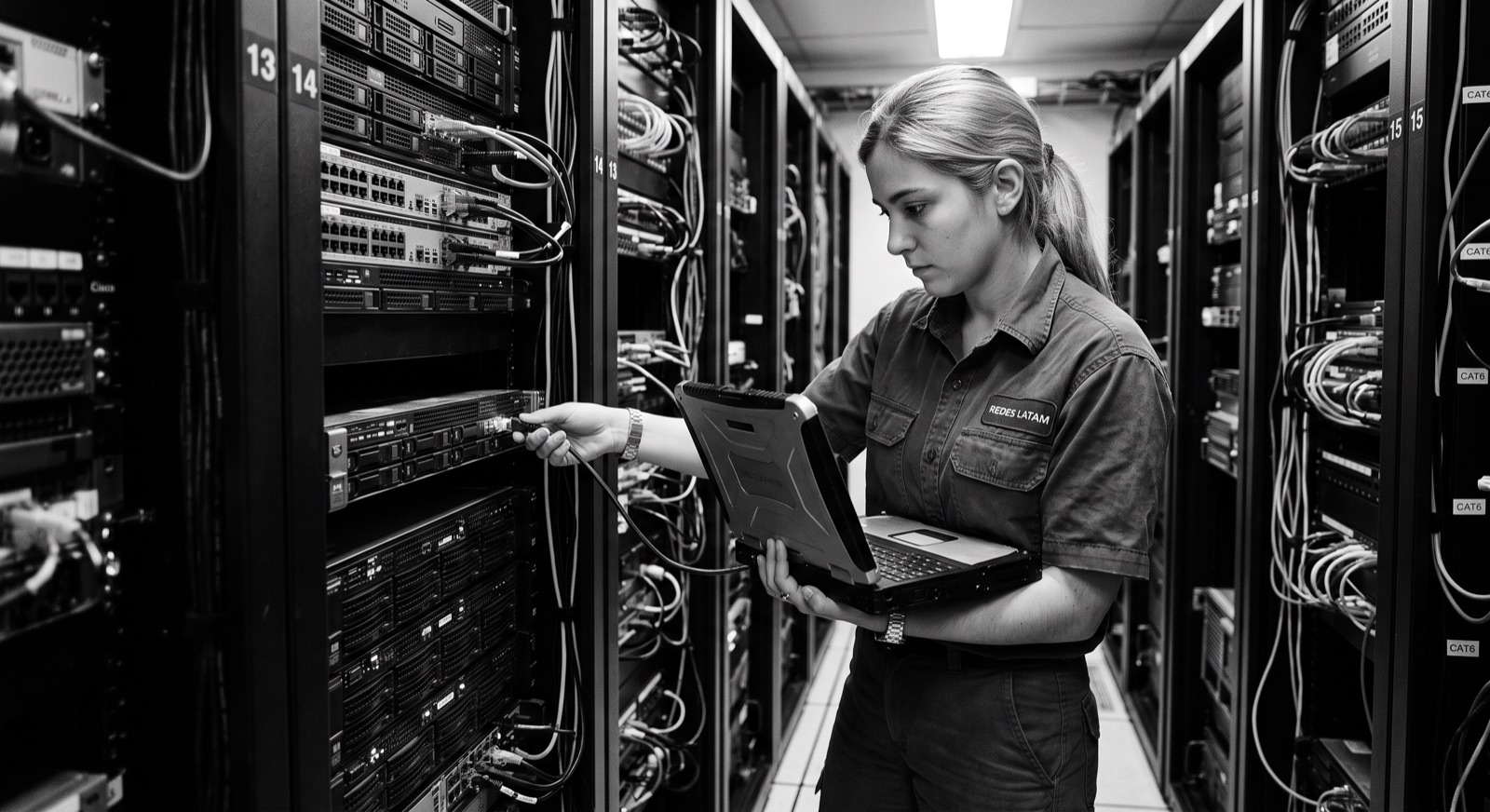 Técnica revisando un rack de servidores con un notebook