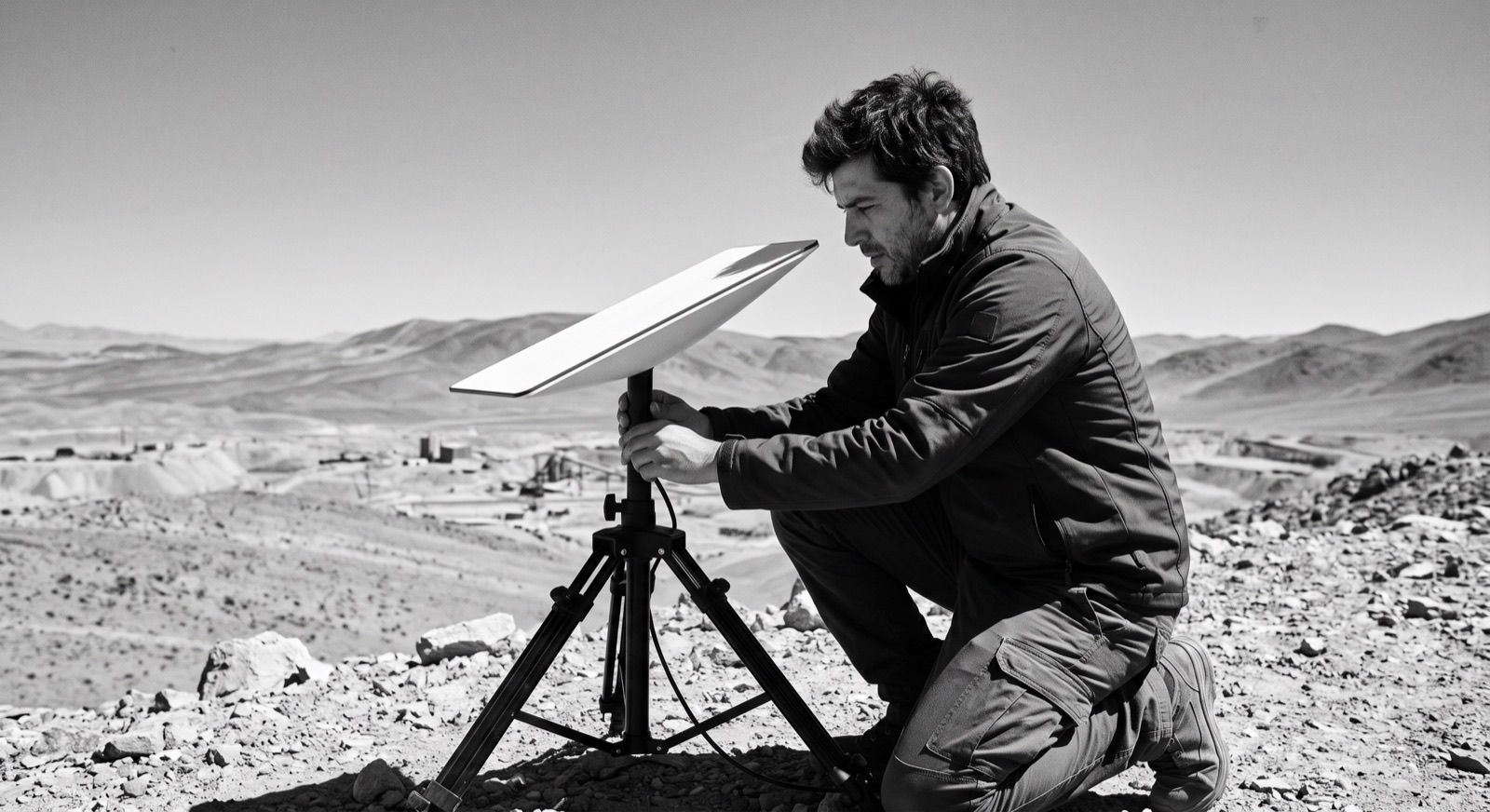 Técnico instalando una antena Starlink sobre un trípode en terreno