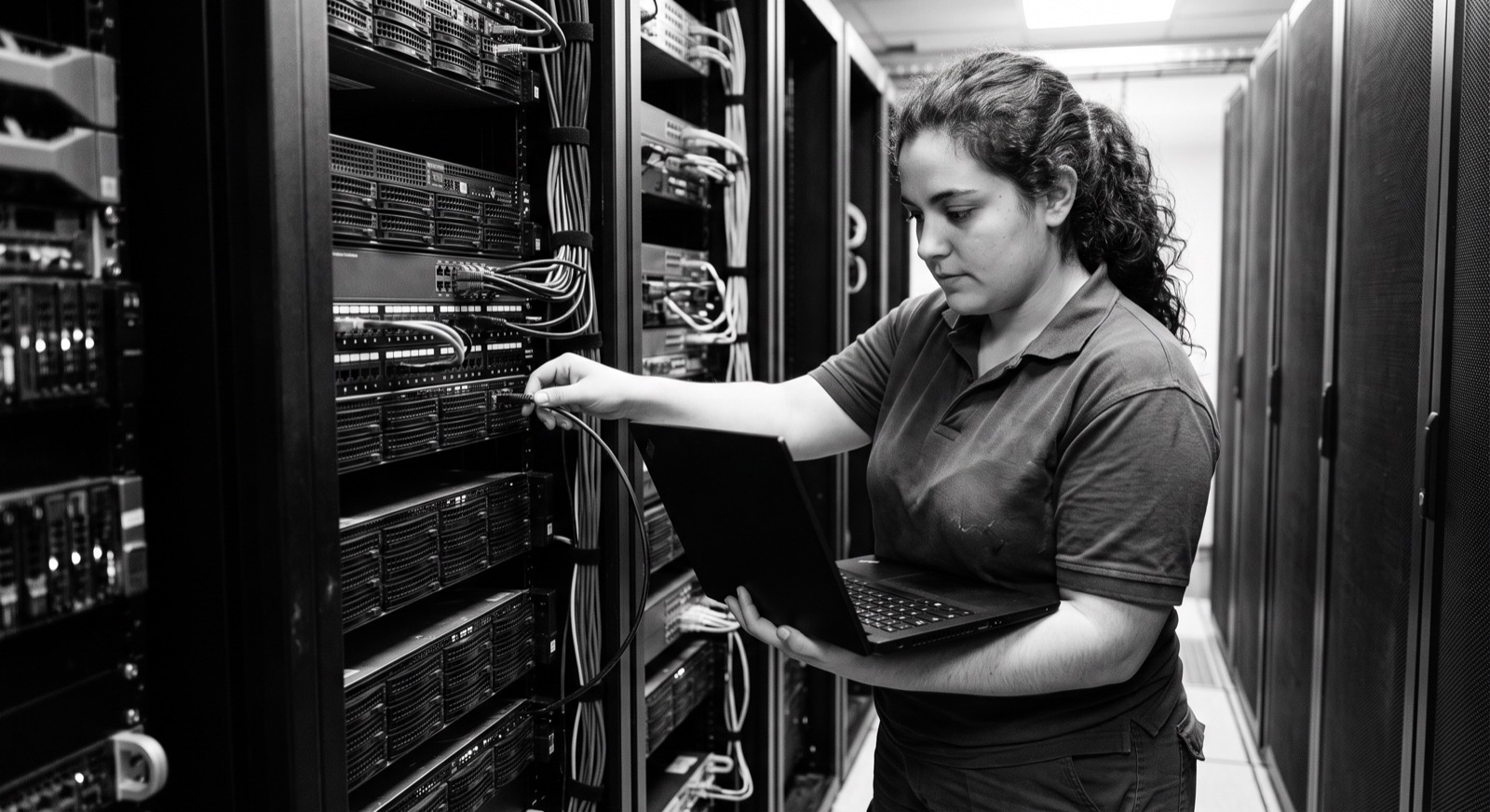 Técnica revisando servidores en un rack de sala de datos con un notebook