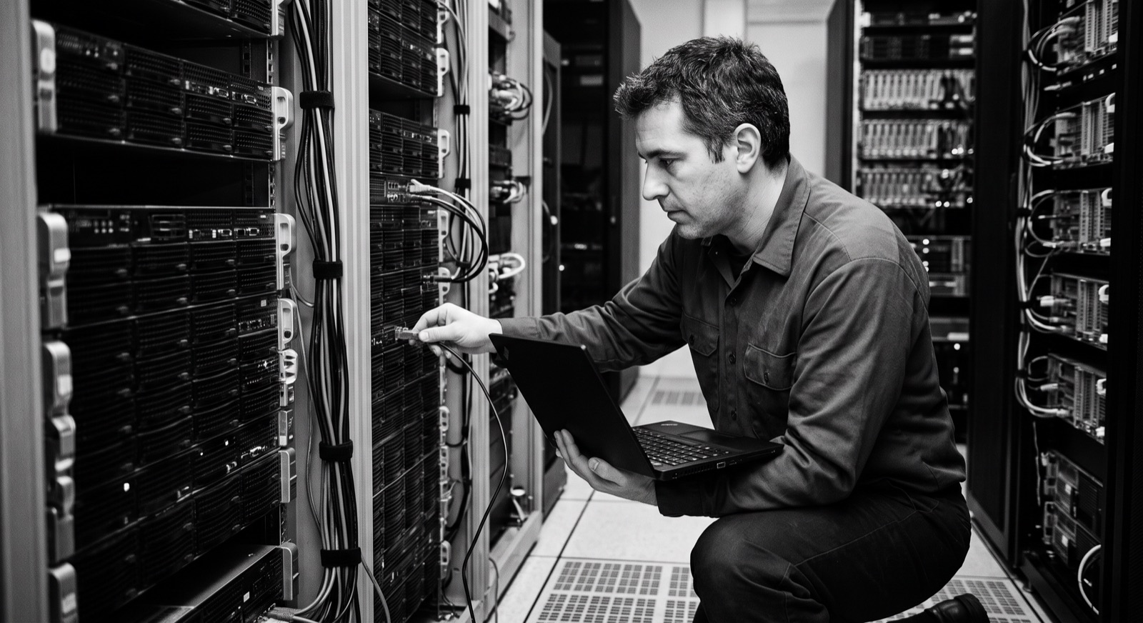Técnico revisando servidores en una sala de datos con un notebook